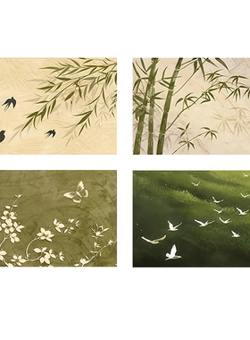 中古风绿色系东方美学花卉竹子飞鸟餐厅装饰画芯电表箱画心替换