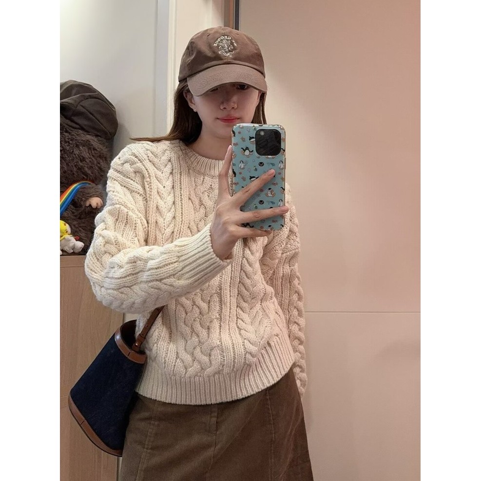 日系复古粗线麻花套头毛衣女秋冬季宽松慵懒高级感内搭打底针织衫