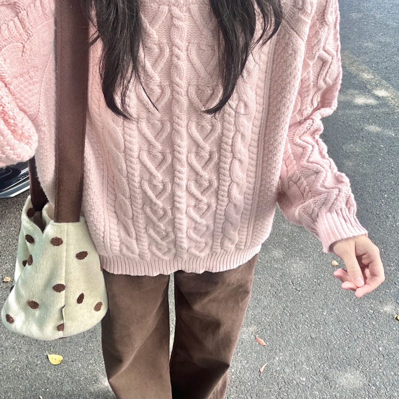 加厚！韩系粉色麻花圆领毛衣女秋冬慵懒高级感可外穿内搭针织衫