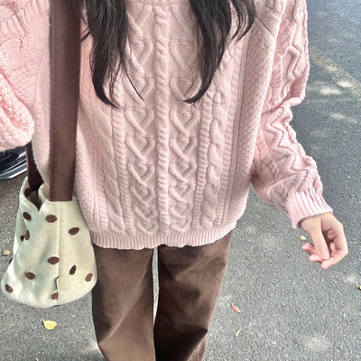 韩系粉色麻花圆领毛衣