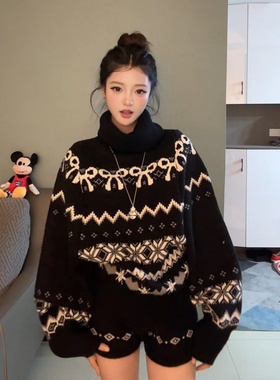 加厚！2025新款复古高级感黑色费尔岛高领针织衫毛衣宽松慵懒套装