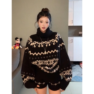 加厚！2025新款复古高级感黑色费尔岛高领针织衫毛衣宽松慵懒套装