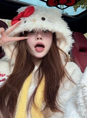 加厚！2025新款白色KT猫连帽珊瑚绒睡衣秋冬女加绒家居服两件套装