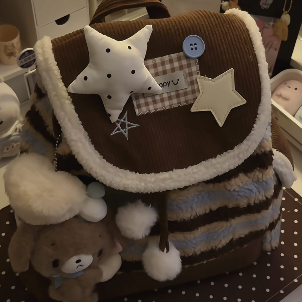 超质感！费尔岛学院风双肩包背包可爱手提斜挎包大容量女毛绒包包