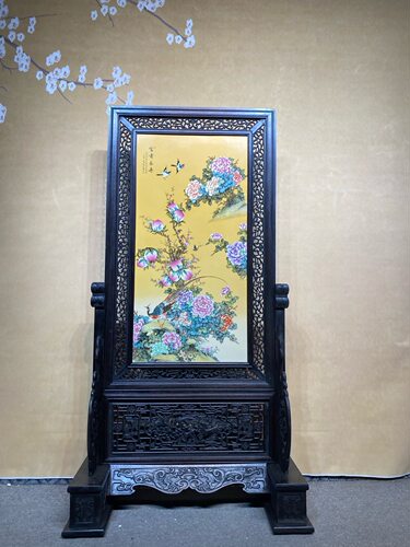 刘雨笒作品红木镶瓷板画粉彩花鸟富贵长寿隔断屏风景德镇手绘插屏