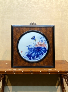 王步精品红木镶瓷板画青花荷花内圆外方挂屏名家手绘陶瓷装饰画