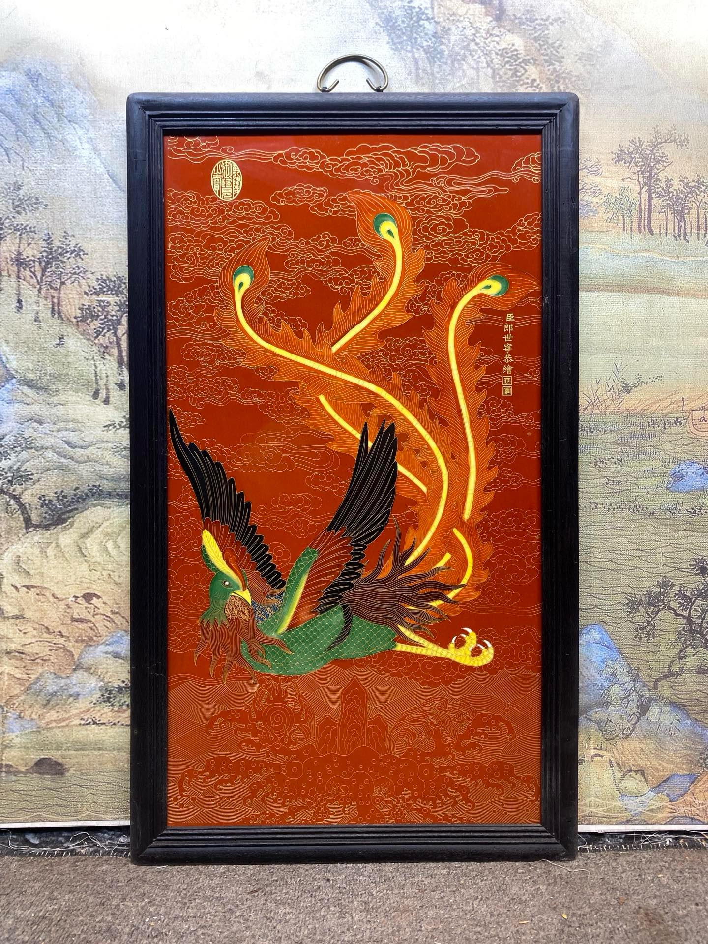 郎世宁作品红木镶瓷板画珐琅掐丝凤纹挂屏手绘装饰画陶瓷画挂画