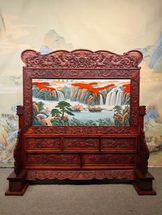 汪野亭作品红木雕龙纹饰镶瓷板画粉彩山水鸿运当头屏风手绘大屏风