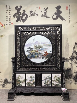 汪野亭作品红木透雕镶瓷板画粉彩山水天园地方落地屏风手绘陶瓷画