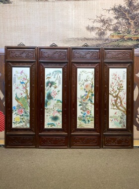刘雨笒作品精品红木镶瓷板画粉彩花鸟春夏秋冬四条挂屏手绘陶瓷画