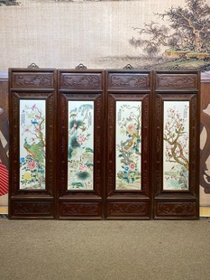 刘雨笒作品精品红木镶瓷板画粉彩花鸟春夏秋冬四条挂屏手绘陶瓷画