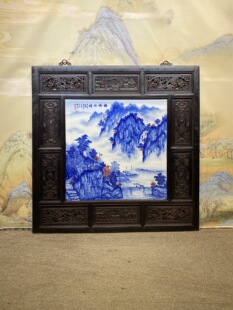 王步作品红木透雕镶青花手绘福瑞兆祥四方挂屏名家纯手绘中堂画