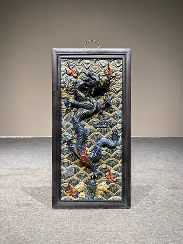 景德镇名家纯手绘精品红木镶瓷板画青花高浮雕龙纹挂屏