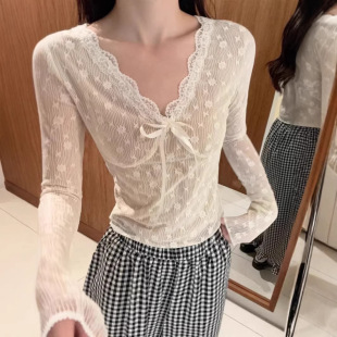 内搭打底衫 上衣女秋冬加绒甜辣气质修身 长袖 纯欲V领蕾丝花边修身