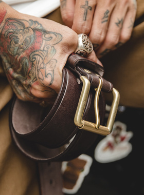 马登工装 美式复古头层植鞣牛皮腰带黄铜单针扣头硬汉裤腰带男士