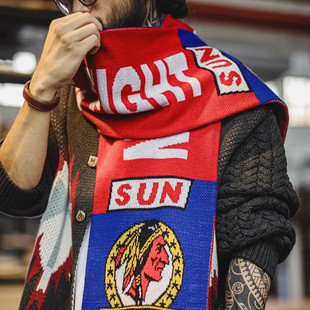 马登工装美式红色流苏球迷围巾披肩保暖长款针织围脖男式秋冬季