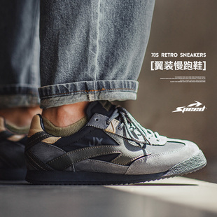 马登翼装慢跑鞋男生2026新款复古休闲运动低帮薄底黑色德训阿甘鞋