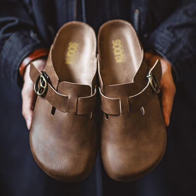 马登穆勒鞋疯马皮懒人半拖男鞋新款厚底外穿软木包头休闲复古拖鞋