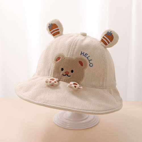 宝宝帽子春秋儿童灯芯绒渔夫帽卡通女宝遮阳帽男童防风帽可爱冬天