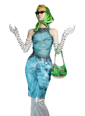 BIONIC JOI 原创网纱印花Queen Latifah money green洋装连衣裙