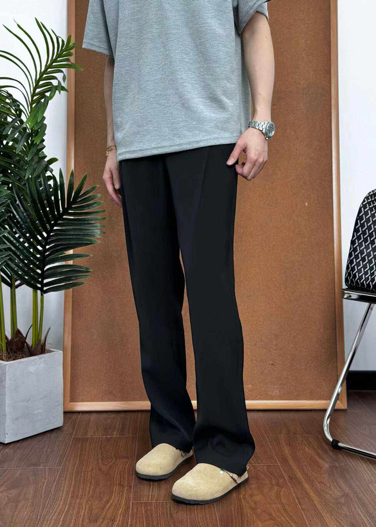 独家岛夏季薄款休闲西裤男冰丝垂感微喇叭长裤显瘦黑色直筒西装裤