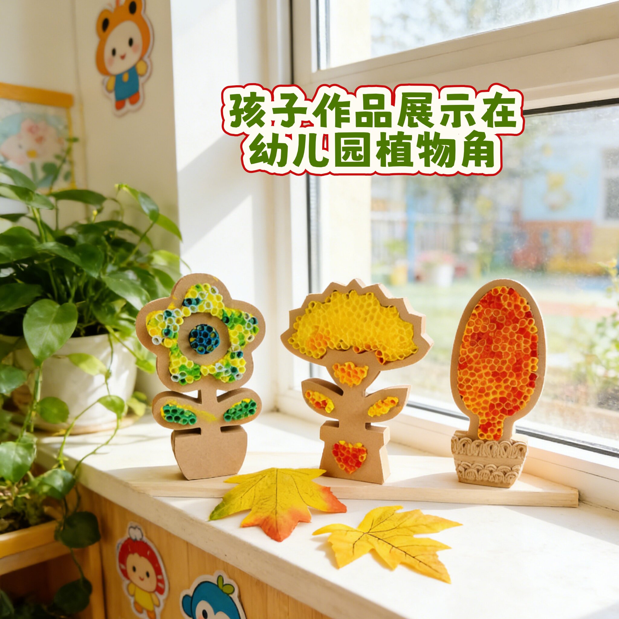 春天创意短吸管拼贴画DIY手工制作粘土背板幼儿园美工坊粘贴