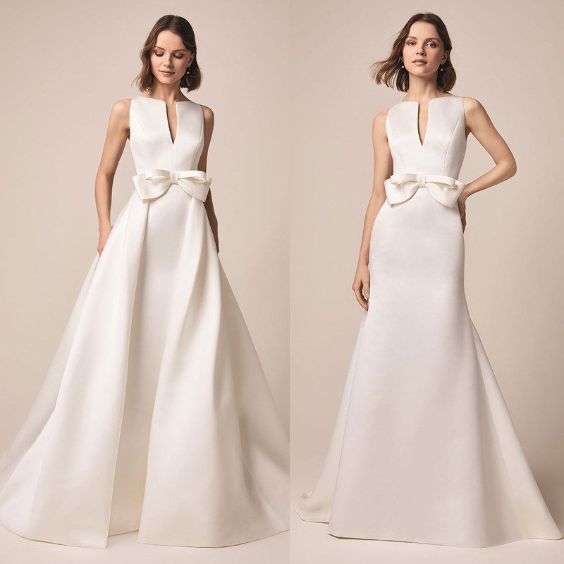 新款缎面气质款双肩v领鱼尾显瘦新娘酒店仪式纱森系户外草坪婚纱
