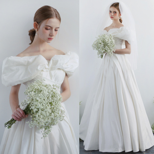 原创实拍一字肩蓬蓬优雅超显瘦塔夫绸新娘户外草坪纱酒店主婚纱