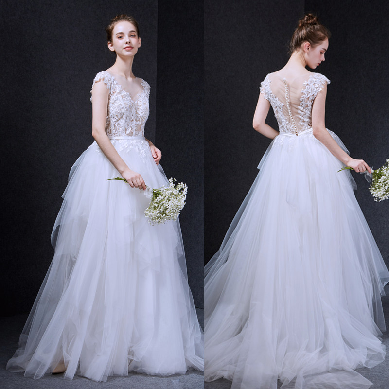 优罗莎原创实拍蕾丝包肩森系公主蓬蓬新娘婚纱户外草坪婚礼旅拍纱