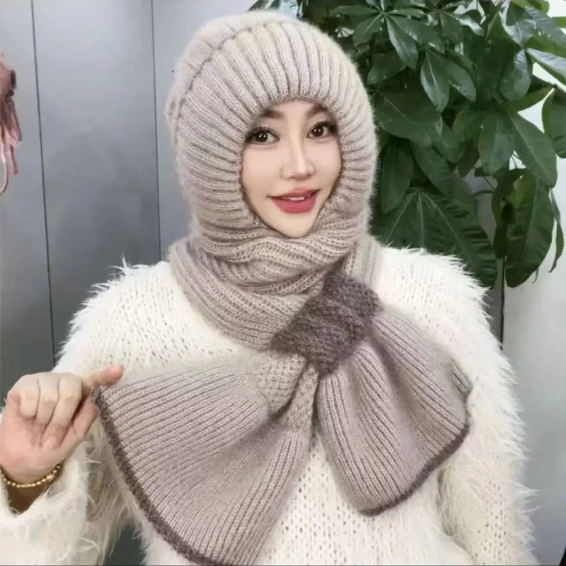新款冬季针织风雪帽骑行保暖妈妈时尚护耳包头帽女帽子围巾一体