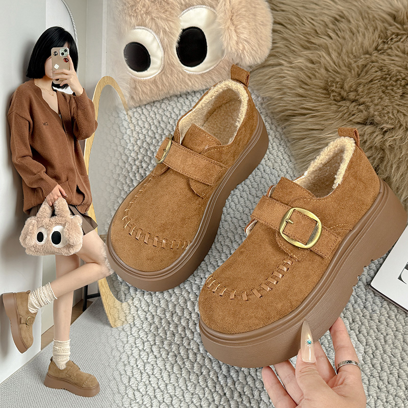 加绒勃肯鞋女2025冬季新款复古厚底小个子增高乐福鞋保暖棉鞋34码