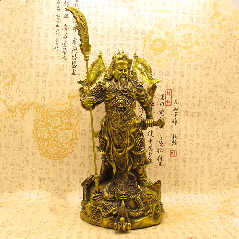黄铜九龙关公摆件背五行令旗踏龙关羽铜像招财镇宅武财神伽蓝菩萨