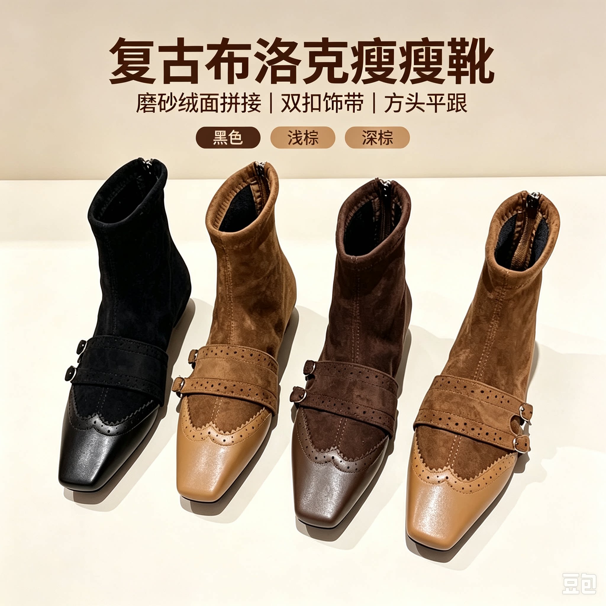 法式复古赫本风雕花拼接加绒瘦瘦时装靴