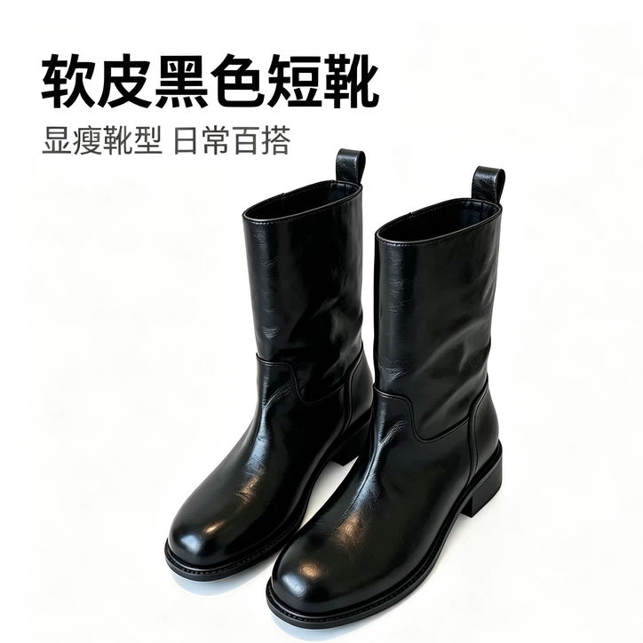 牛皮版~复古gao级感宽筒真皮粗跟中筒西部骑士短靴女秋冬季马丁靴
