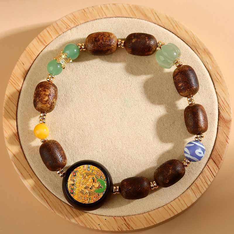 中式盘玩文玩文艺复古景区寺院爆款手链沉香木绿度母圆牌手链