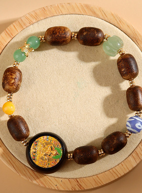 中式盘玩文玩文艺复古景区寺院爆款手链沉香木绿度母圆牌手链