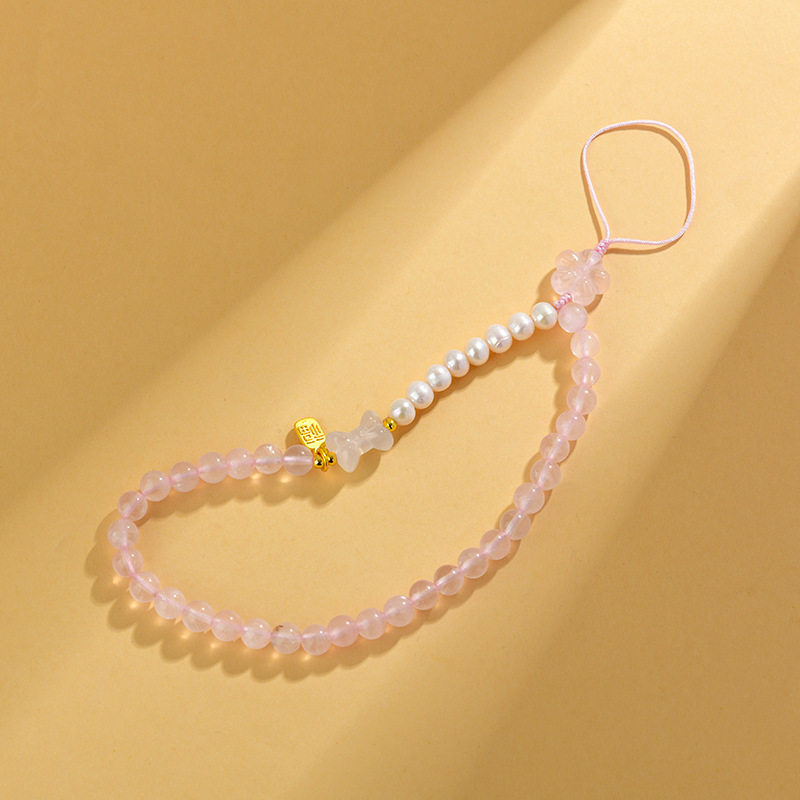 天然水晶粉晶花朵珍珠手机挂件玛瑙蝴蝶结原创新款包钥匙挂饰