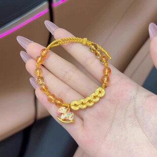 仿黄金五帝钱手绳木马黄水晶塔晶手链女新款手工编绳本命年送