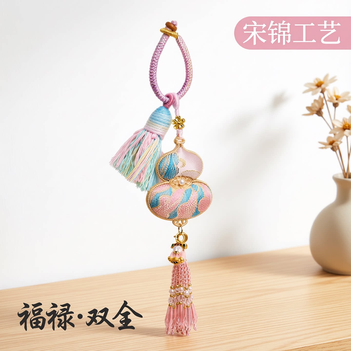 杭州灵隐宋锦葫芦挂件福禄寿喜财平安刺绣编织流苏钥匙扣包包挂饰