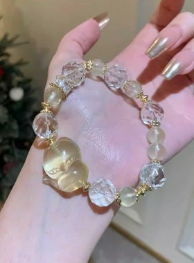 日富一日天然柠檬黄水晶狐狸手串粉水晶手链首饰礼物