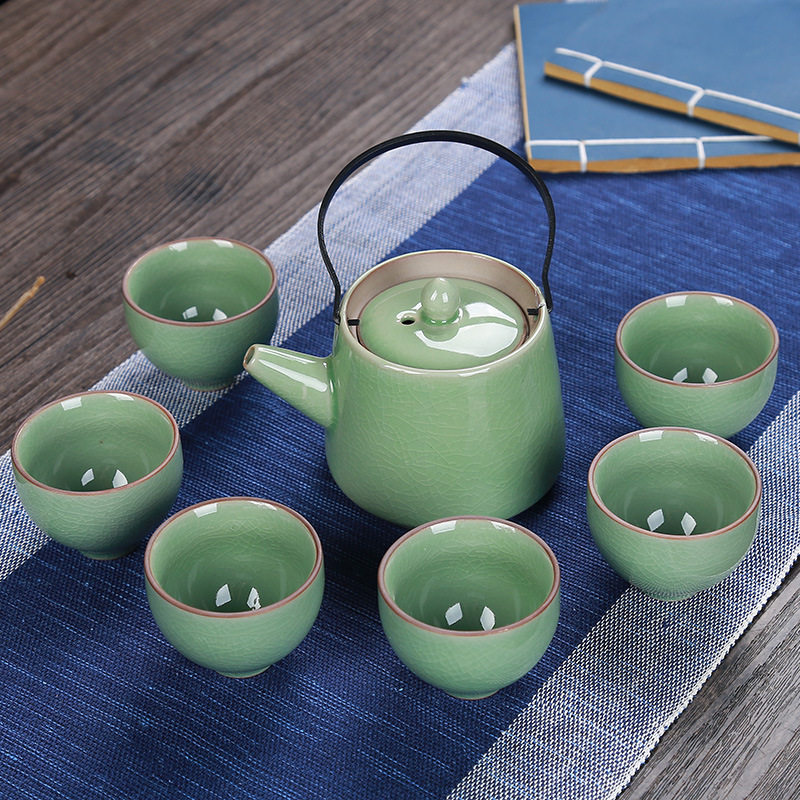 7头哥窑提梁壶茶具套装日式茶壶陶瓷提梁壶旅行茶具