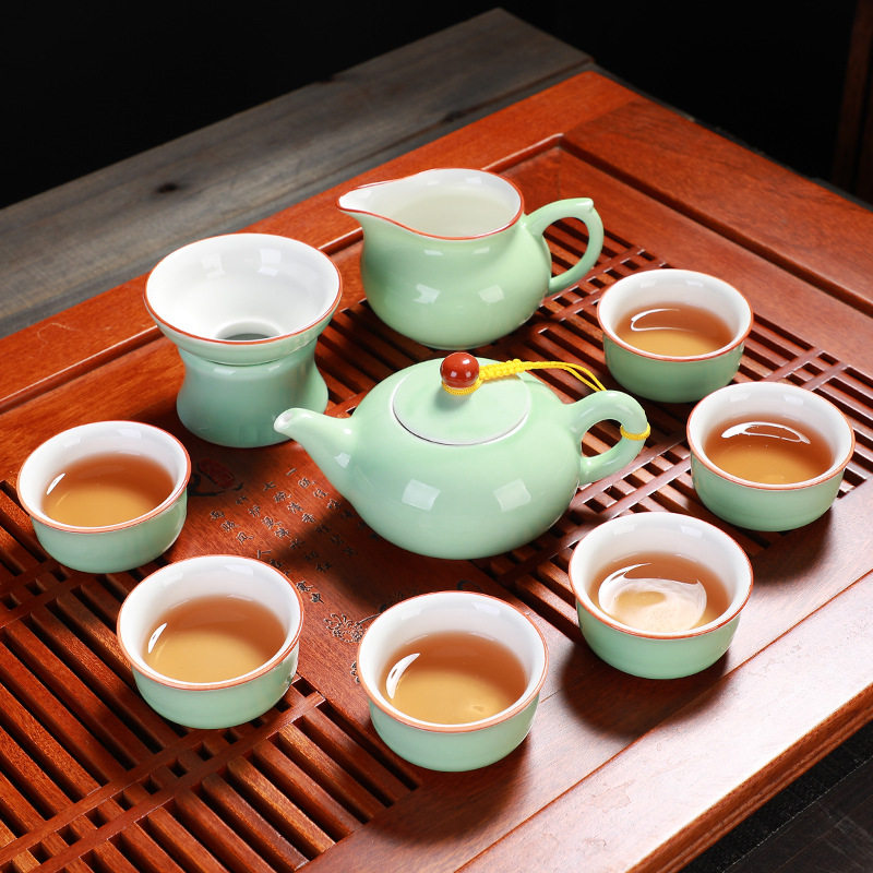 创意青瓷条纹功夫茶具套装高档实用办公陶瓷礼品精美礼盒