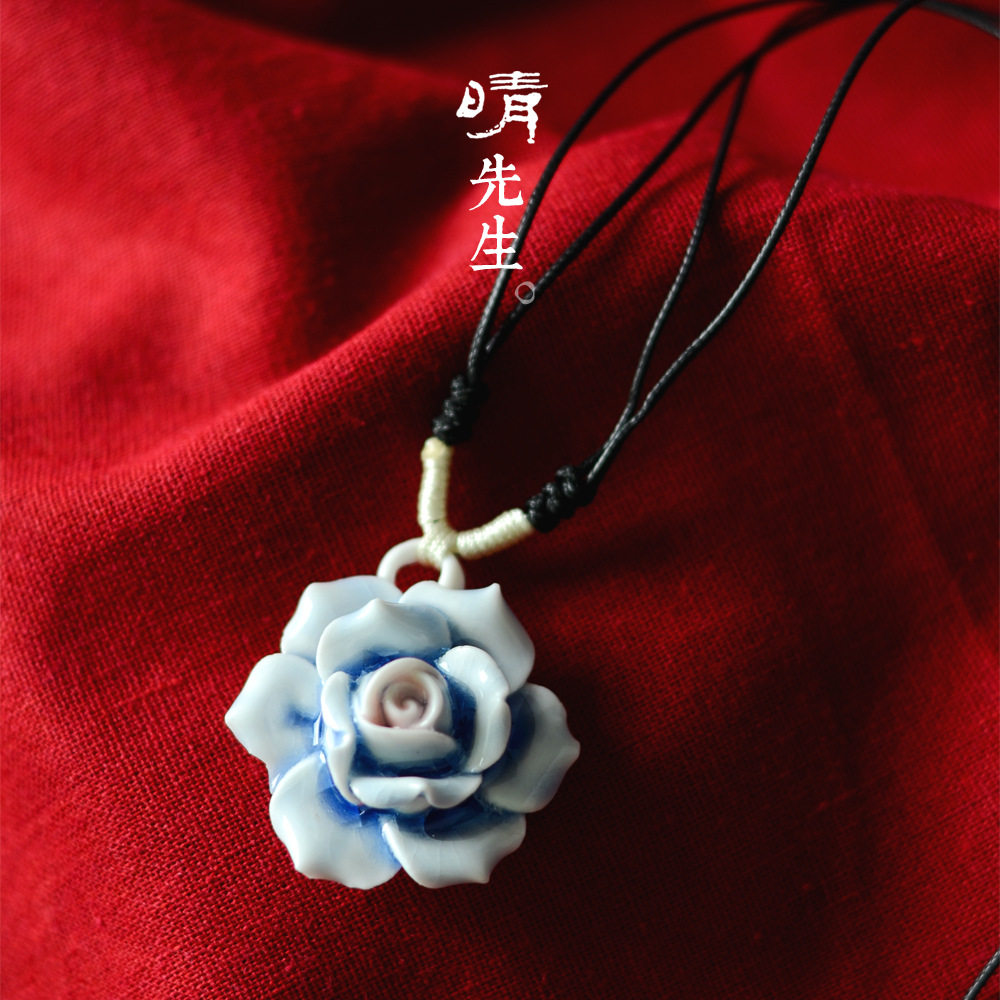 莲花陶瓷毛衣链长款青花瓷项链景德镇复古民族风风文艺配饰品森女