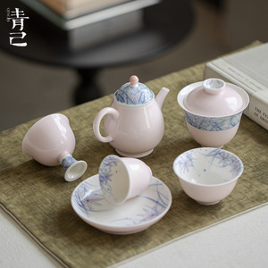 青己杏粉釉国风手绘野陌芳丛高颜值茶具合集功夫茶具茶壶盖碗茶杯
