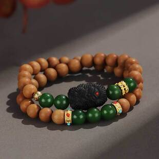 沉香九尾狐芭比檀木双圈串珠手链女文艺复古绿玉髓手串民族风