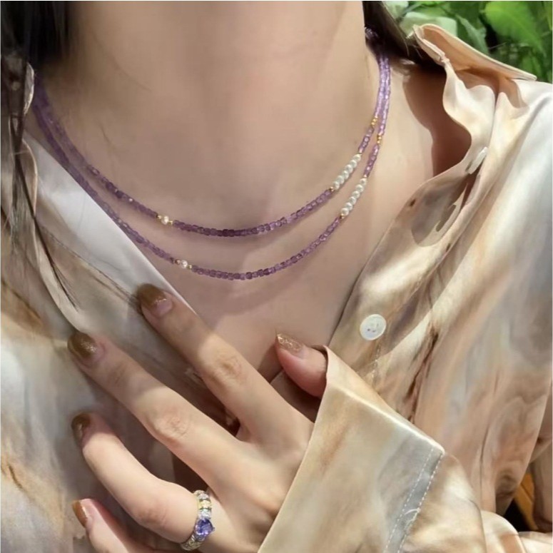 时尚个性款天然石紫水晶吊坠紫锆石锁骨项链女高级感小众供货