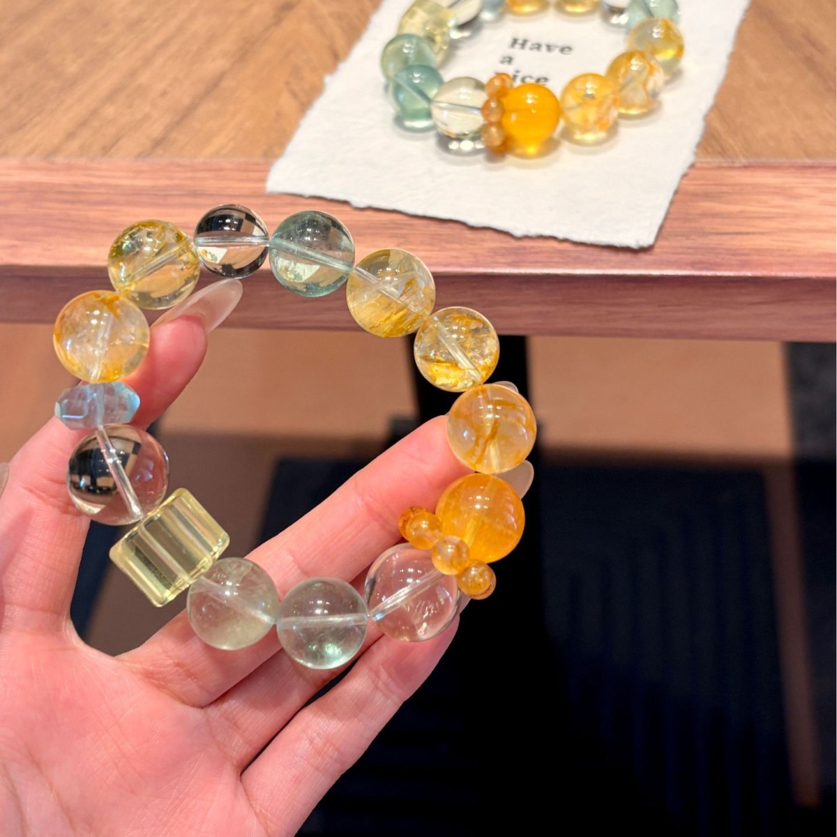 原创天然大颗粒绿萤石黄胶花柠檬黄方糖水晶手串夏日清透通润百搭
