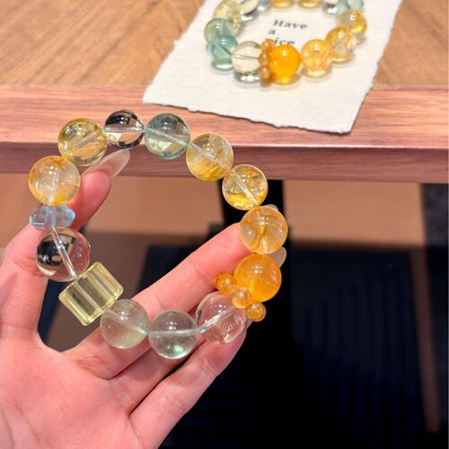 原创天然大颗粒绿萤石黄胶花柠檬黄方糖水晶手串夏日清透通润百搭
