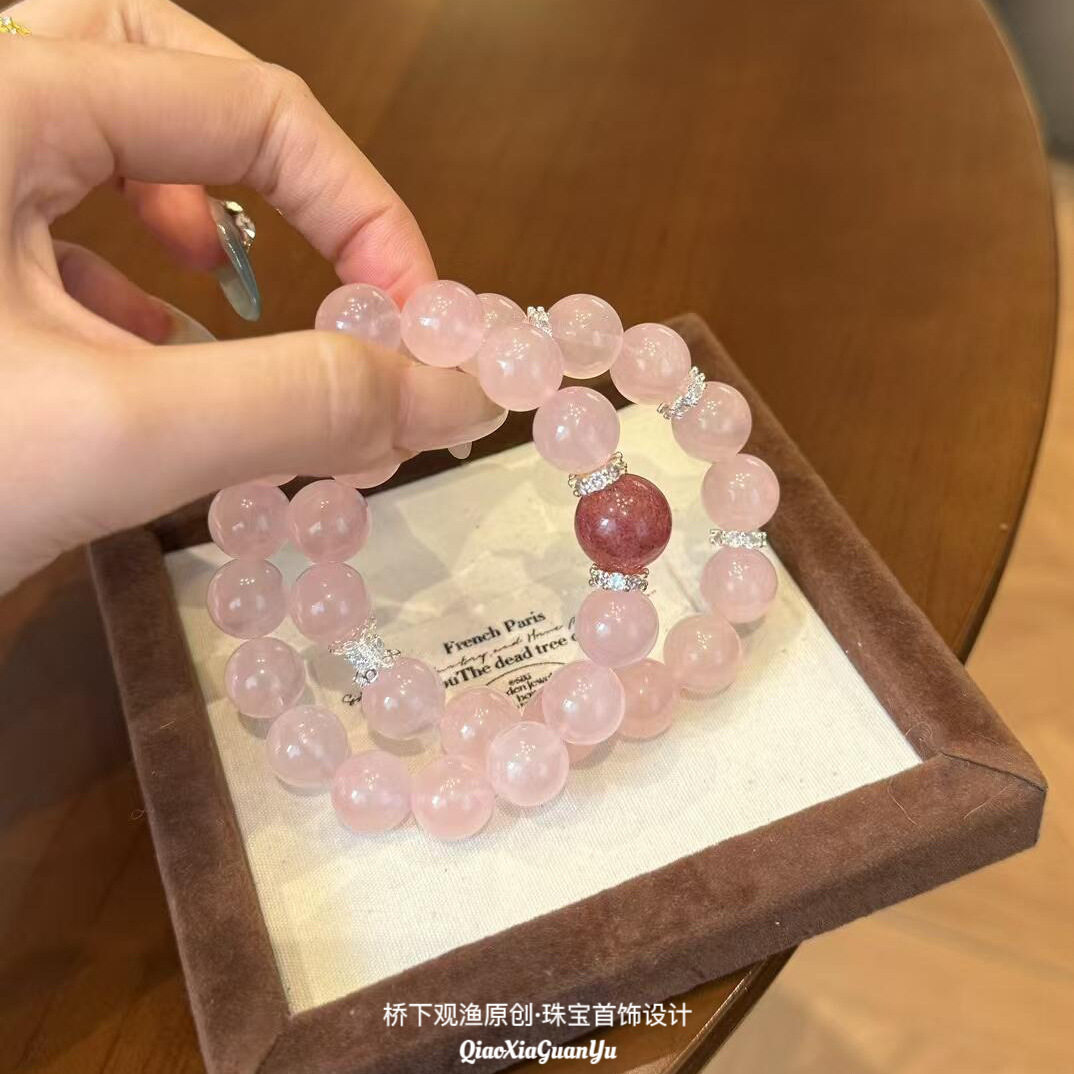 天然粉水晶桃花爱情莫粉手链女款粉晶手串女小众月老大颗粒