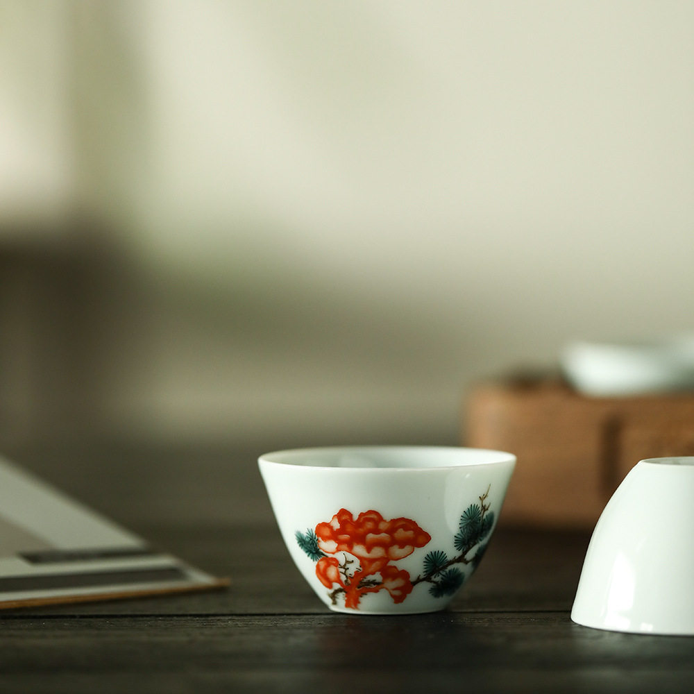 晴先生茶具手绘粉彩牡丹松芝图佳色茶碗杯子品茗杯景德镇陶瓷茶